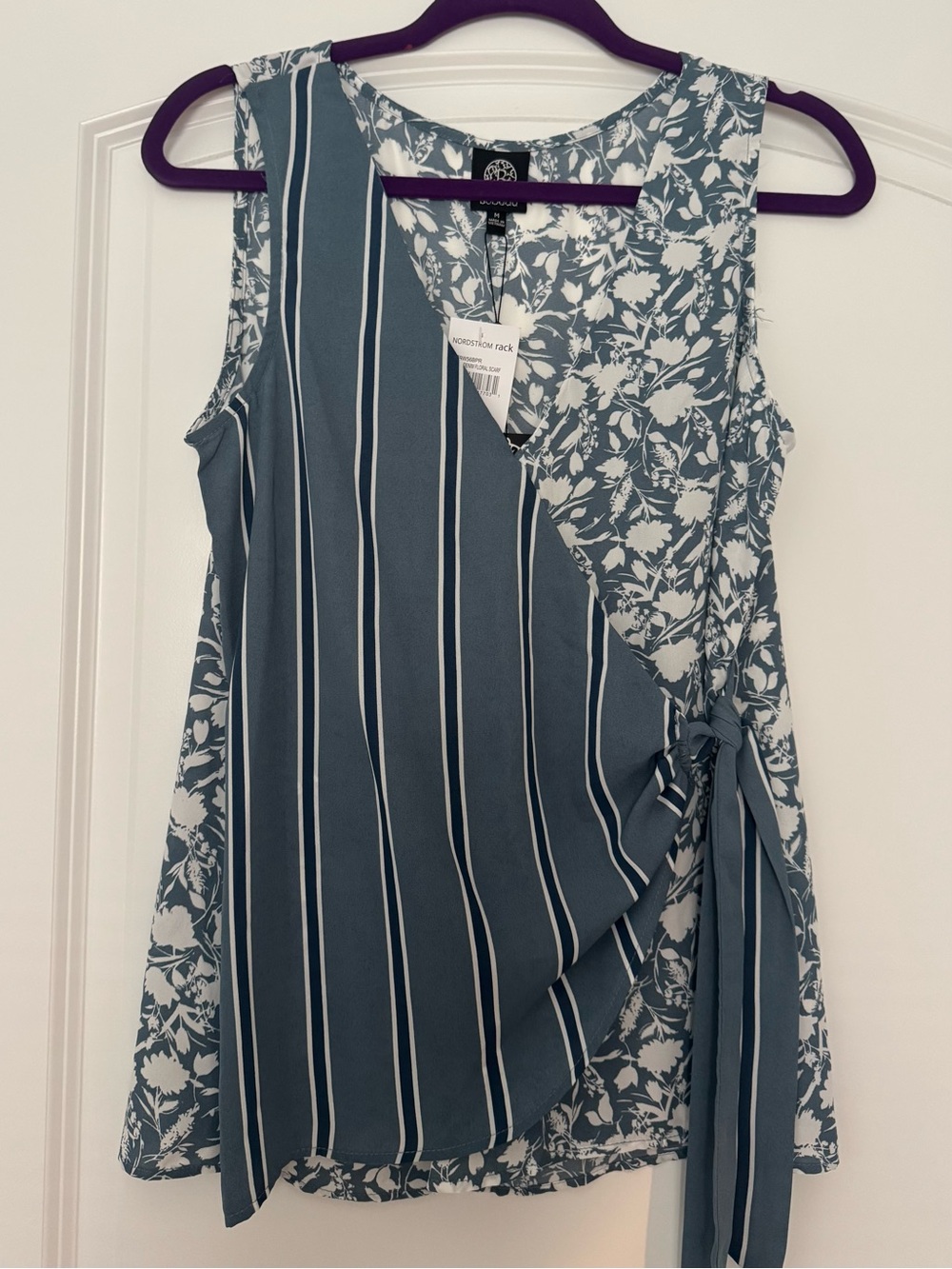 Bobeau Sleeveless Surplice Floral & Stripe Wrap-Style Women's Top